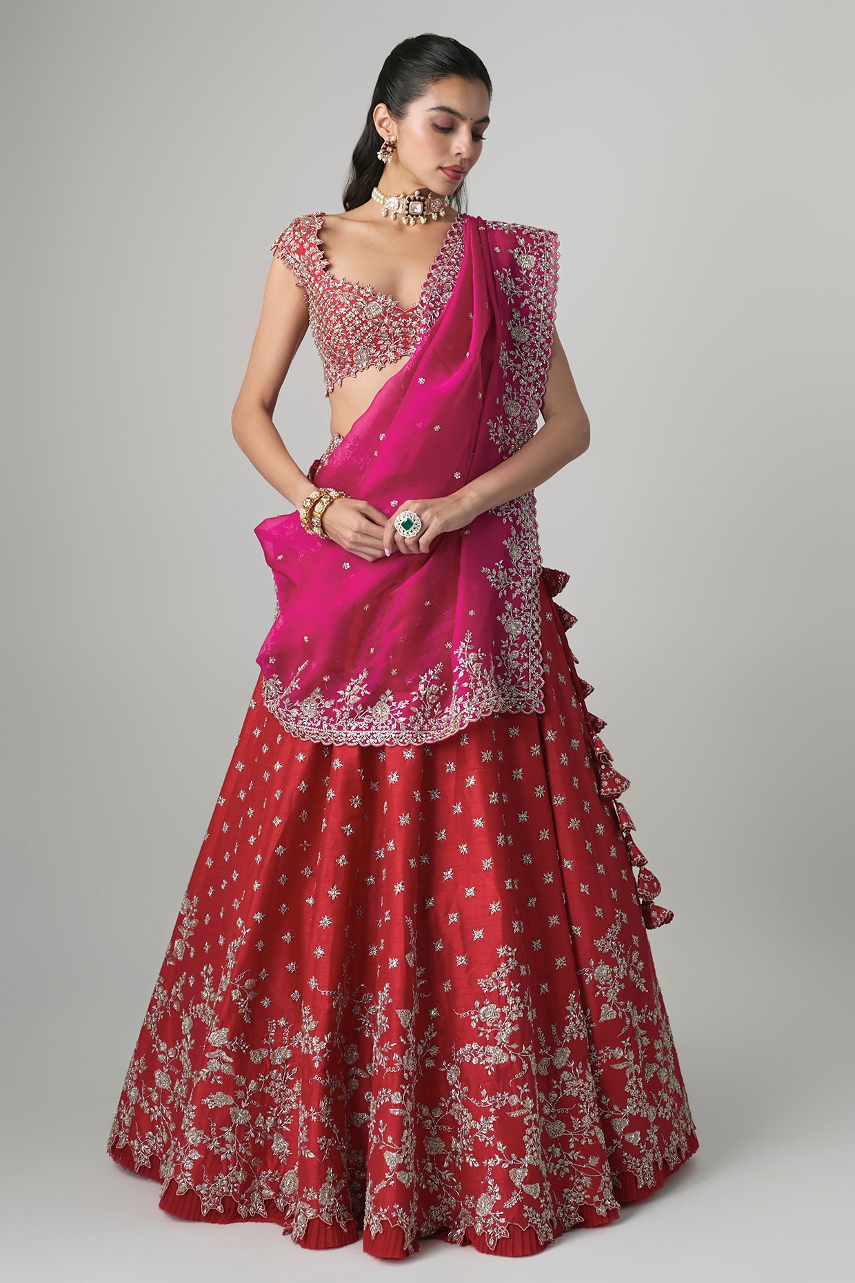 Anushree Reddy Red Raw Silk Hand Embroidered Lehenga Set