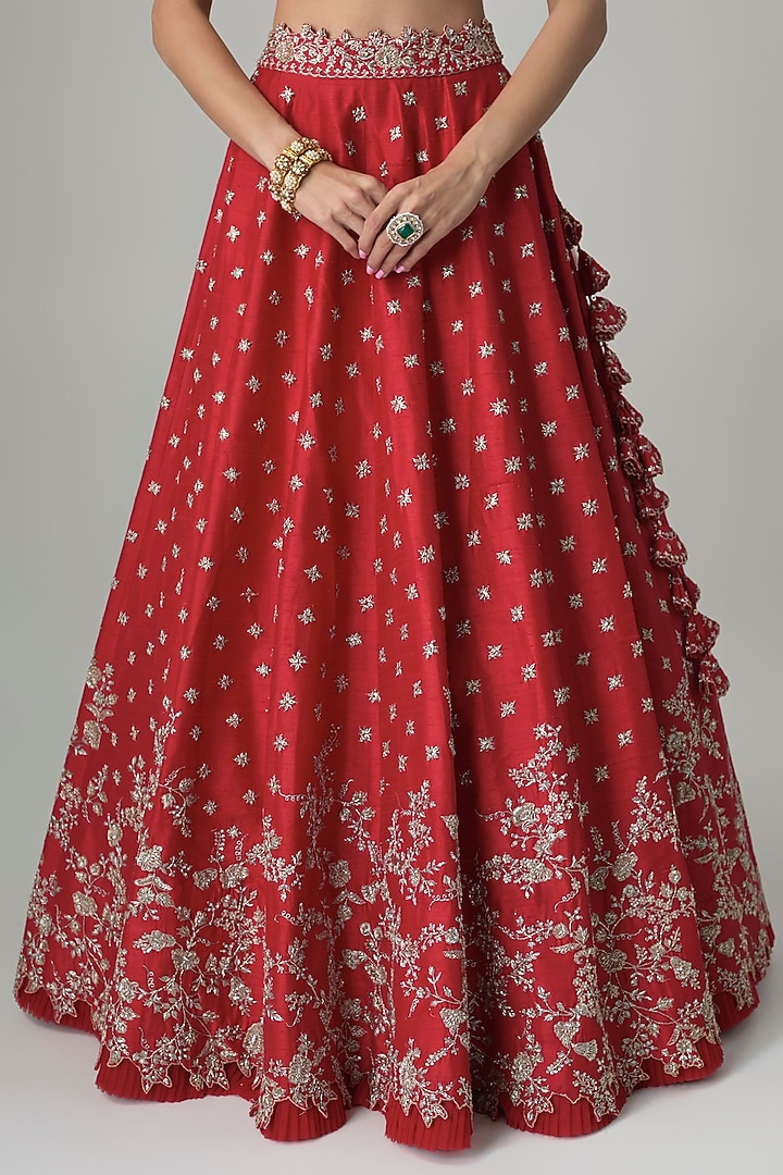Red Raw Silk Hand Embroidered Bridal Lehenga Set by Anushree Reddy at Pernia's Pop Up Shop