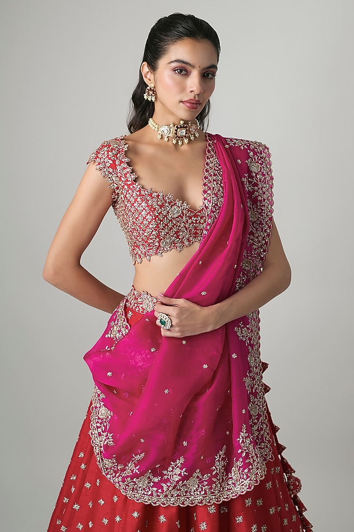 Red Raw Silk Hand Embroidered Bridal Lehenga Set by Anushree Reddy at Pernia's Pop Up Shop