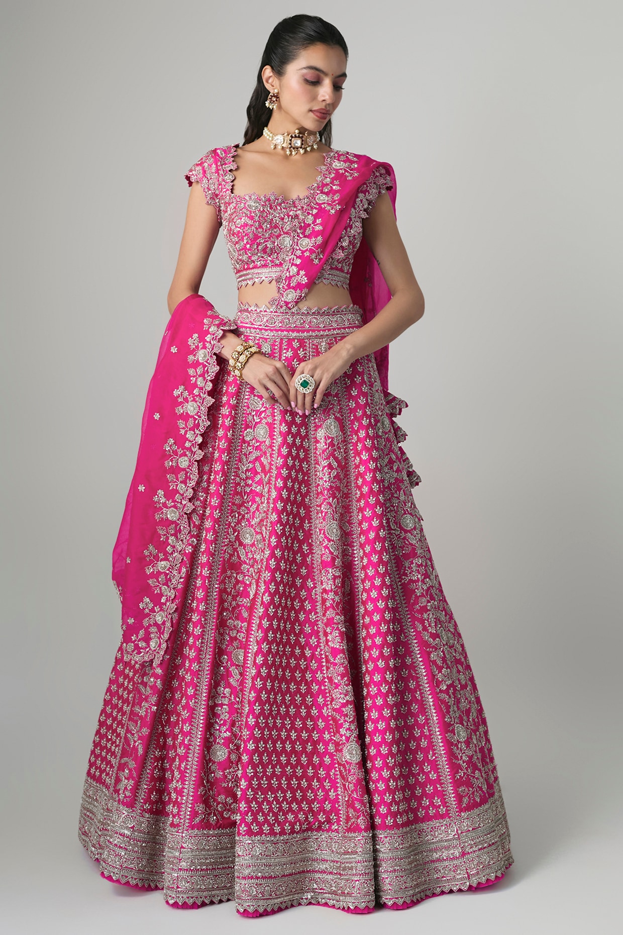 Anushree Reddy Hot Pink Raw Silk Hand Embroidered Lehenga Set