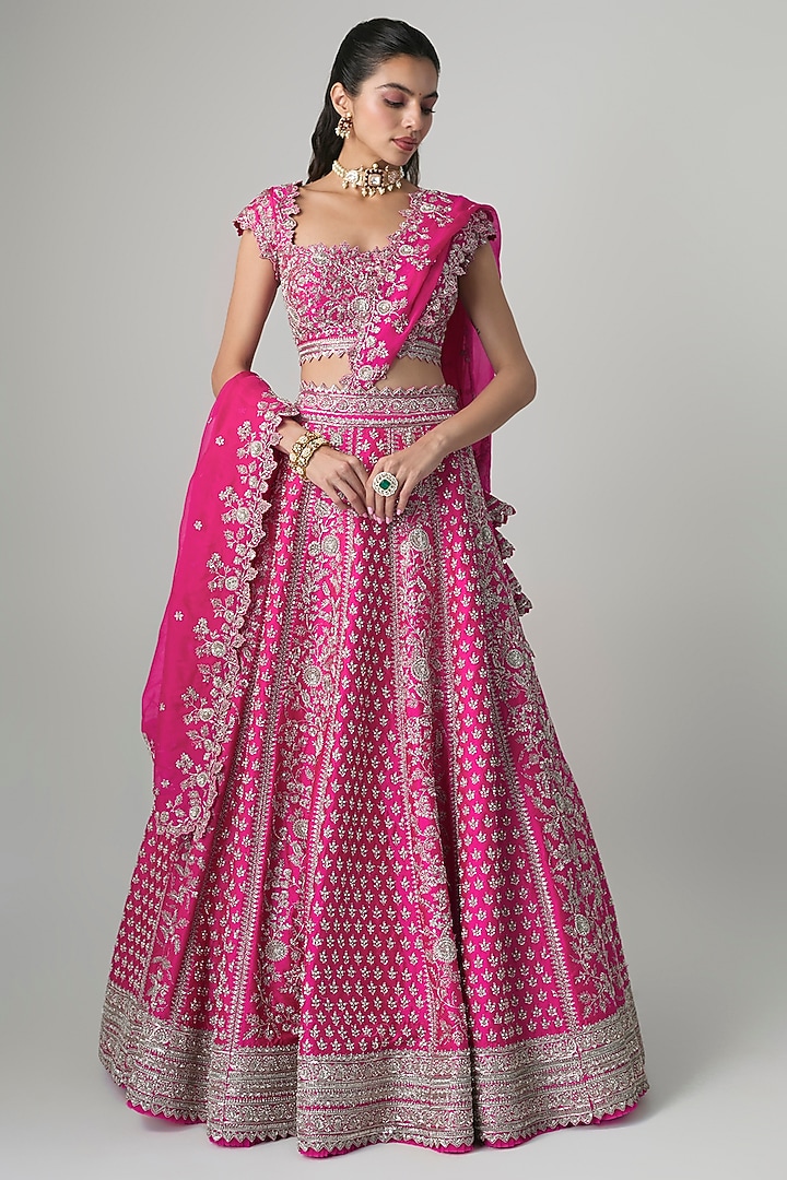 Hot Pink Raw Silk Hand Embroidered Bridal Lehenga Set by Anushree Reddy at Pernia's Pop Up Shop