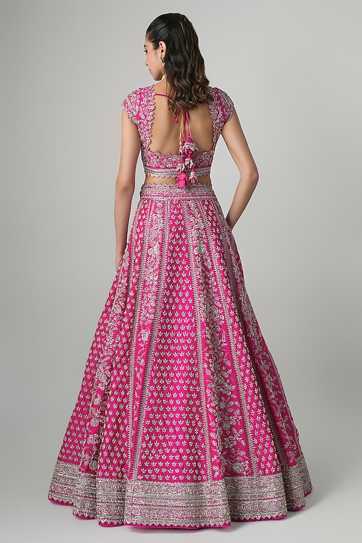 Hot Pink Raw Silk Hand Embroidered Bridal Lehenga Set by Anushree Reddy at Pernia's Pop Up Shop