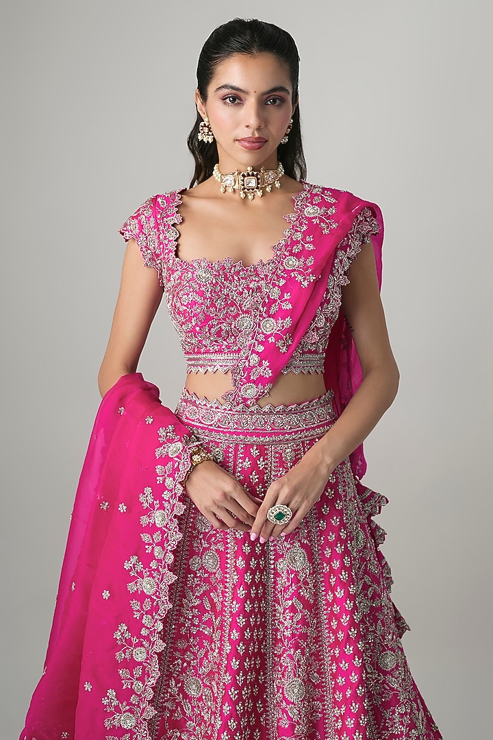 Hot Pink Raw Silk Hand Embroidered Bridal Lehenga Set by Anushree Reddy at Pernia's Pop Up Shop