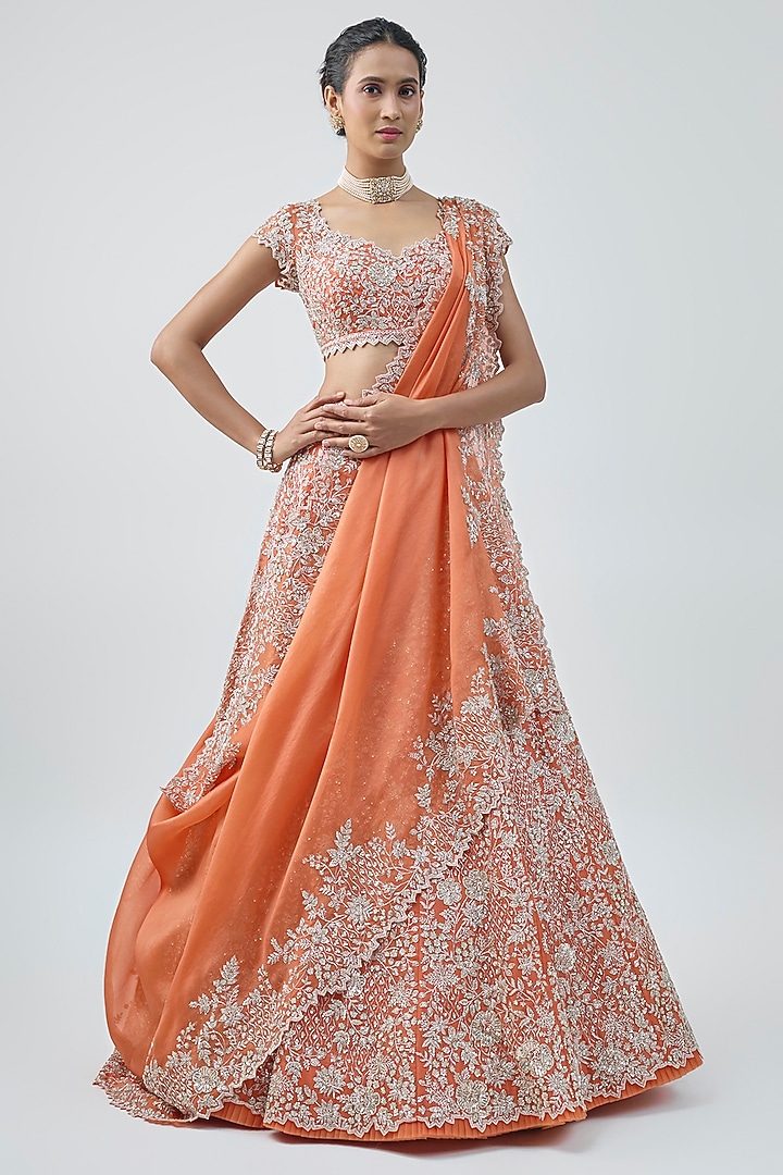 Orange Organza Hand Embroidered Lehenga Set by Anushree Reddy at Pernia's Pop Up Shop