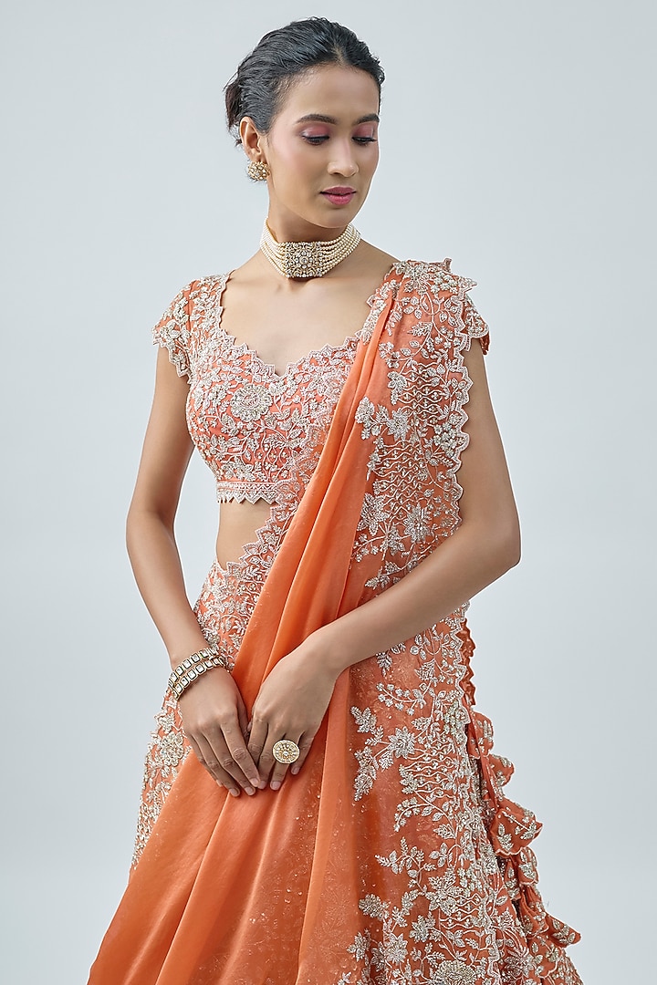 Orange Organza Hand Embroidered Lehenga Set by Anushree Reddy at Pernia's Pop Up Shop
