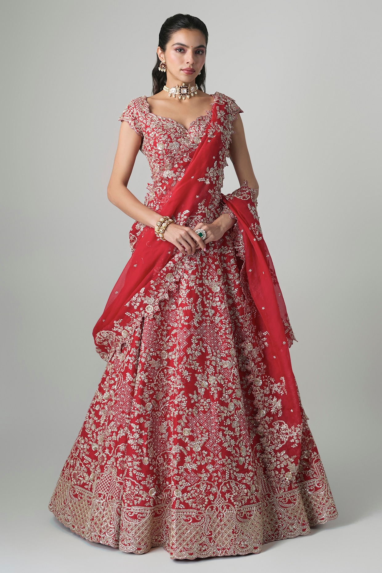 Anushree Reddy Red Raw Silk Hand Embroidered Lehenga Set