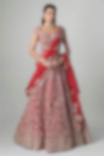 Red Raw Silk Hand Embroidered Bridal Lehenga Set by Anushree Reddy at Pernia's Pop Up Shop