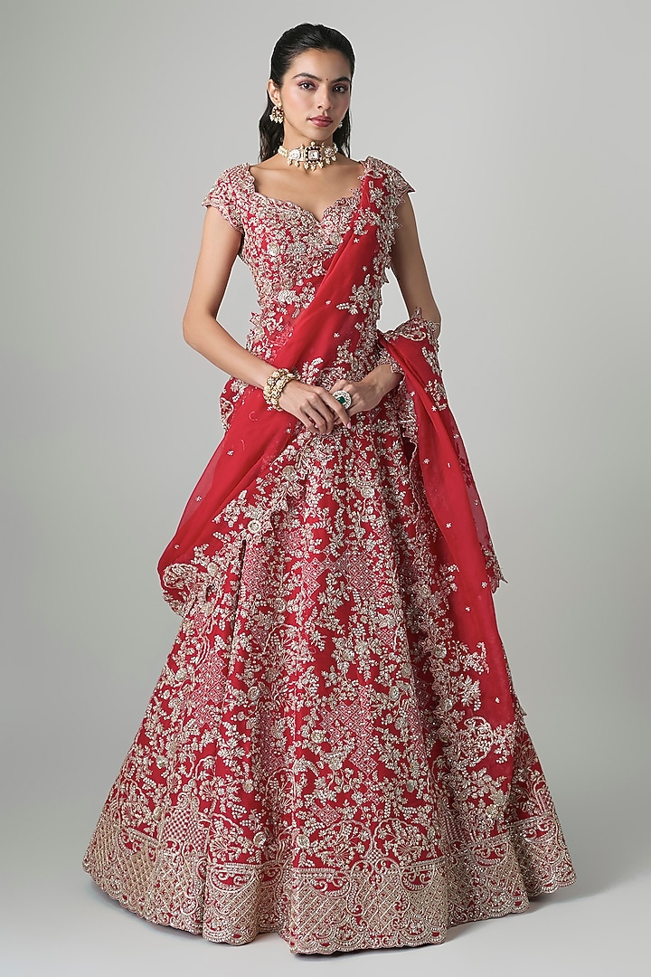 Red Raw Silk Hand Embroidered Bridal Lehenga Set by Anushree Reddy at Pernia's Pop Up Shop