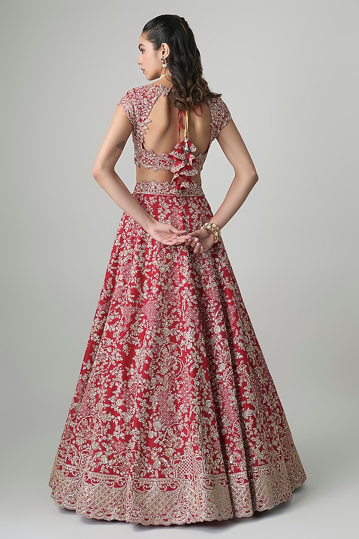 Red Raw Silk Hand Embroidered Bridal Lehenga Set by Anushree Reddy at Pernia's Pop Up Shop
