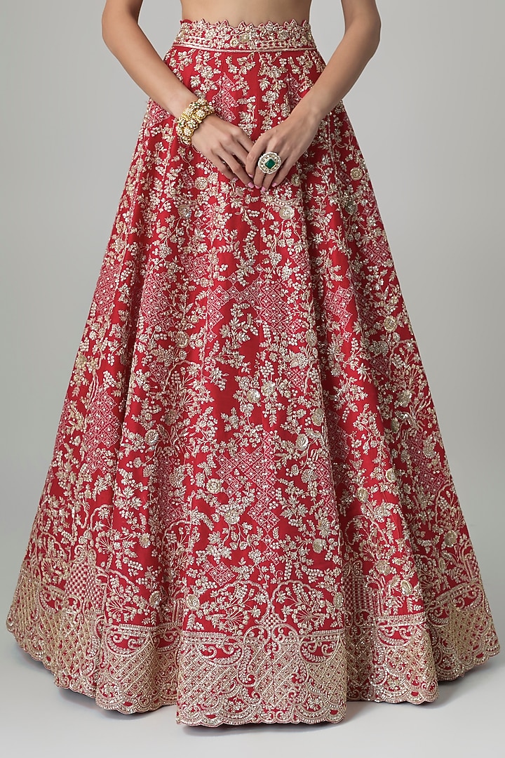 Red Raw Silk Hand Embroidered Bridal Lehenga Set by Anushree Reddy at Pernia's Pop Up Shop