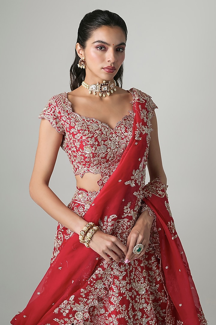 Red Raw Silk Hand Embroidered Bridal Lehenga Set by Anushree Reddy at Pernia's Pop Up Shop