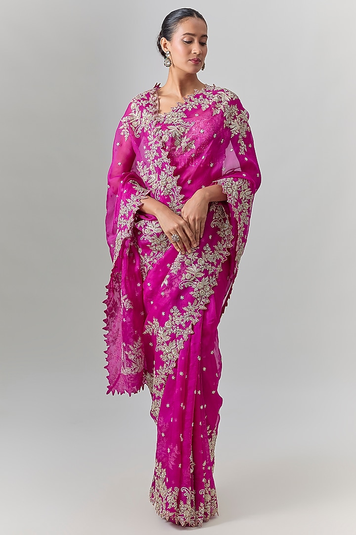 Magenta Organza Embroidered Bridal Saree Set by Anushree Reddy at Pernia's Pop Up Shop