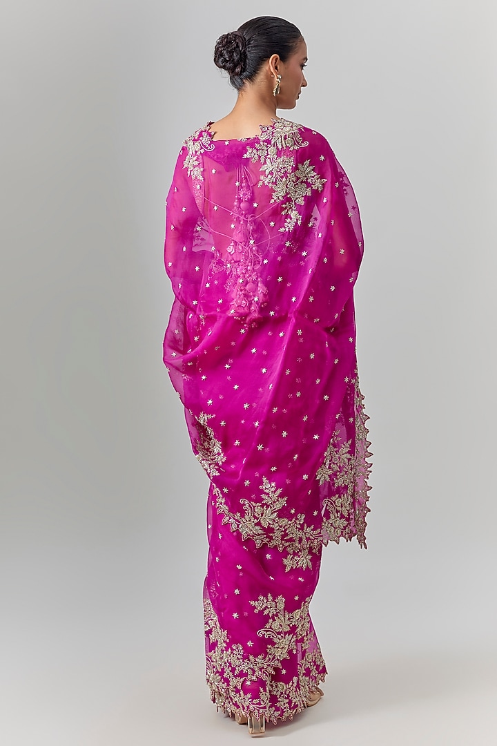 Magenta Organza Embroidered Bridal Saree Set by Anushree Reddy at Pernia's Pop Up Shop