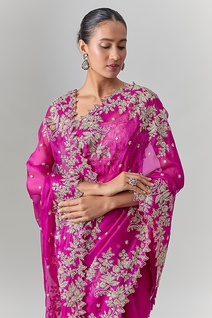 Magenta Organza Embroidered Bridal Saree Set by Anushree Reddy at Pernia's Pop Up Shop
