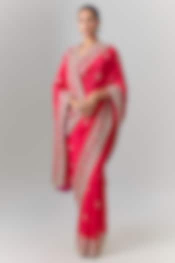 Red Dupion Silk Embroidered Bridal Saree Set by Anushree Reddy at Pernia's Pop Up Shop