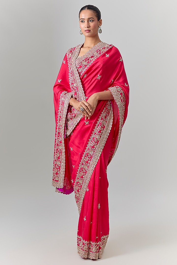 Red Dupion Silk Embroidered Bridal Saree Set by Anushree Reddy at Pernia's Pop Up Shop
