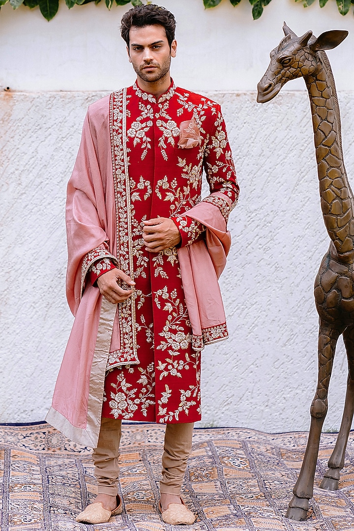 Red & Pink Embroidered Sherwani Set by Anushree Reddy Men