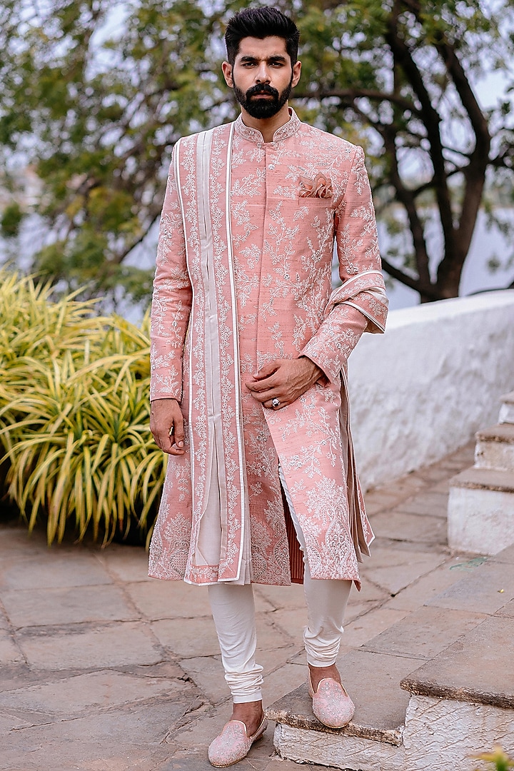 Dull Pink Embroidered Sherwani Set by Anushree Reddy Men