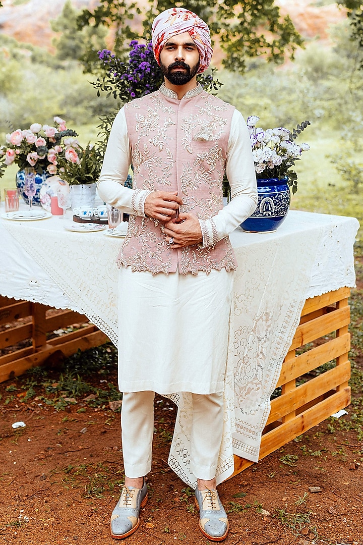 Dull Pink & White Nehru Jacket Set by Anushree Reddy Men