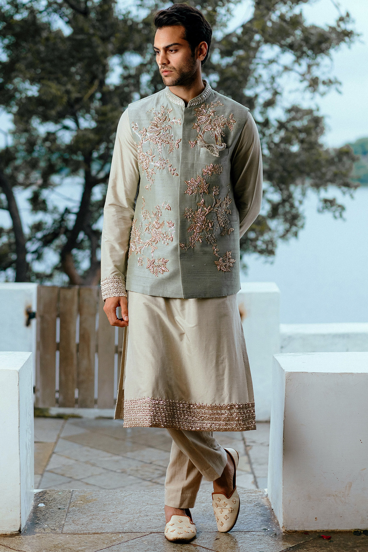 Sage Green Kurta Set With Floral Jaal Detailing by Anushree Reddy Men