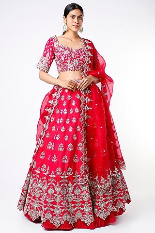Red Zardosi Embroidered Lehenga Set by Anushree Reddy