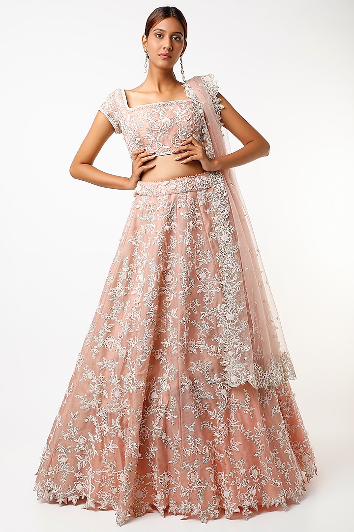 Light Peach Pearl Embroidered Lehenga Set by Anushree Reddy