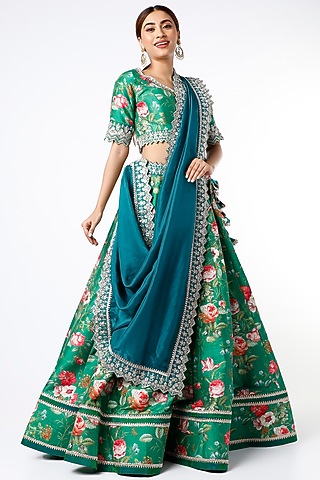 Emerald Green Floral Printed Lehenga Set by Anushree Reddy