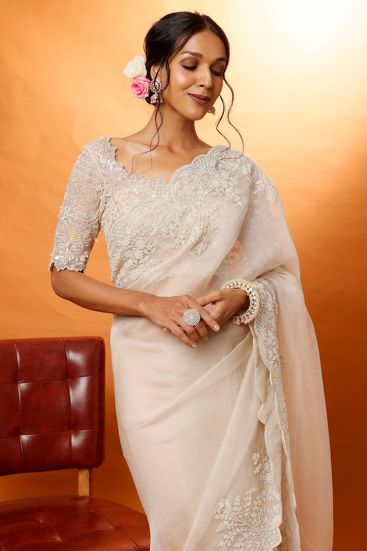 Pearl Ivory Saree With Blouse | Chiffon saree, Designer silk sarees, Silk  chiffon