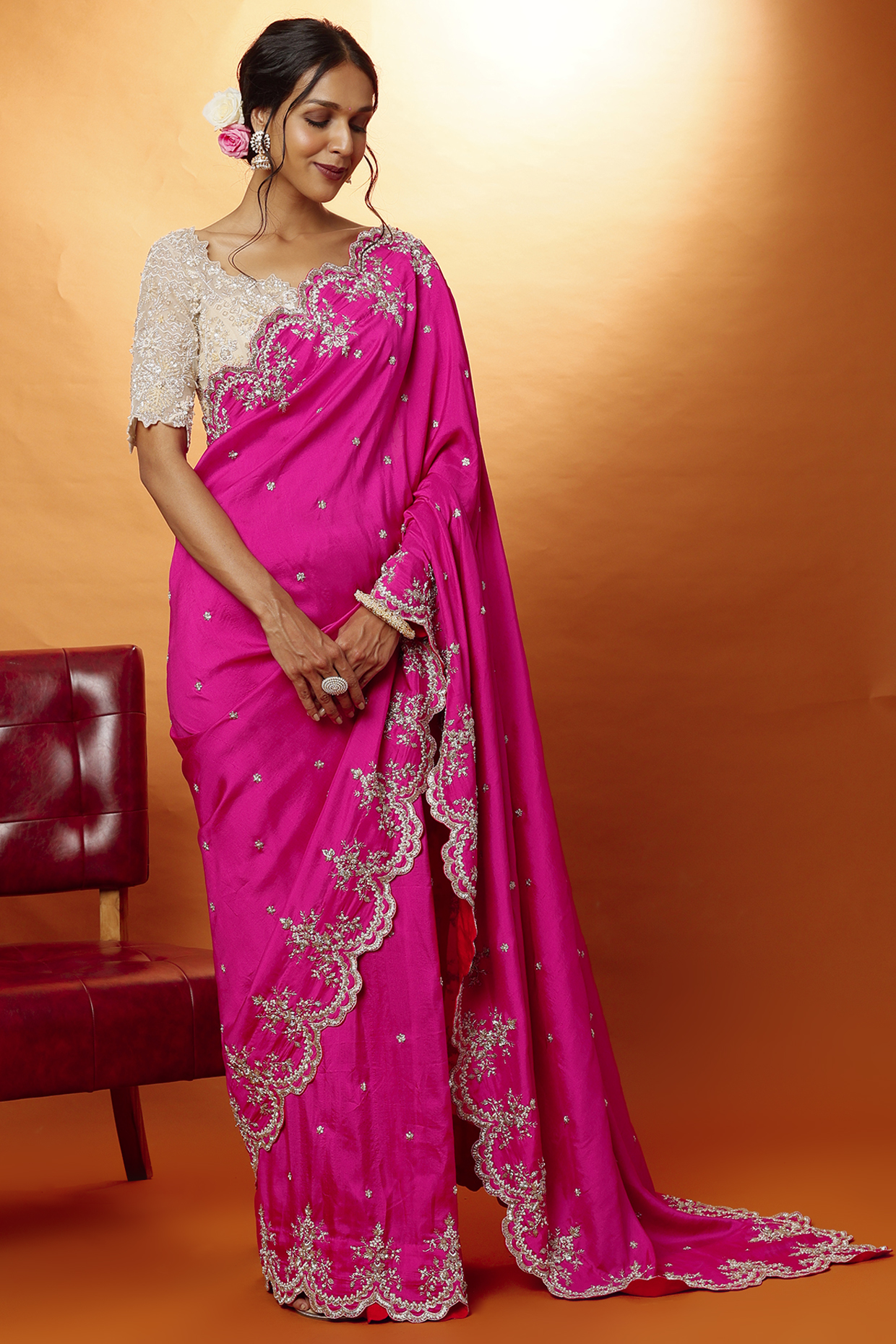 Fuchsia Pink Embroidered Reception Saree Set by Anushree Reddy at Pernia's Pop Up Shop