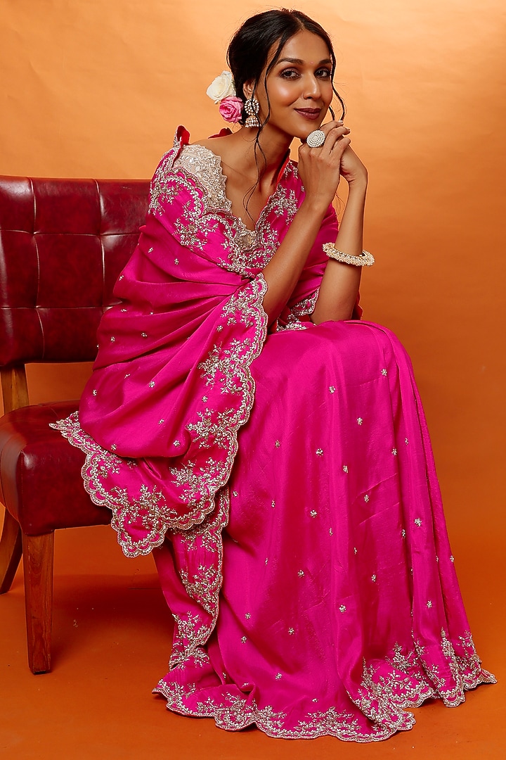 Fuchsia Pink Embroidered Reception Saree Set by Anushree Reddy at Pernia's Pop Up Shop