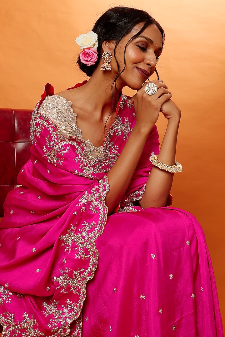 Fuchsia Pink Embroidered Reception Saree Set by Anushree Reddy at Pernia's Pop Up Shop