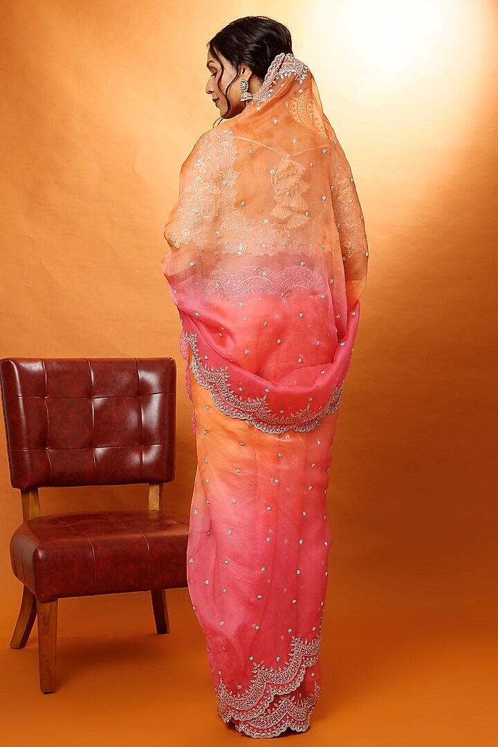 Orange Pink Embroidered Reception Saree Set by Anushree Reddy at Pernia's Pop Up Shop