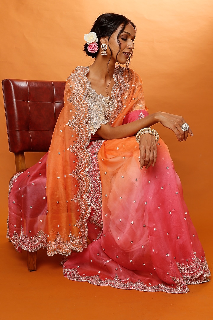 Orange Pink Embroidered Reception Saree Set by Anushree Reddy at Pernia's Pop Up Shop