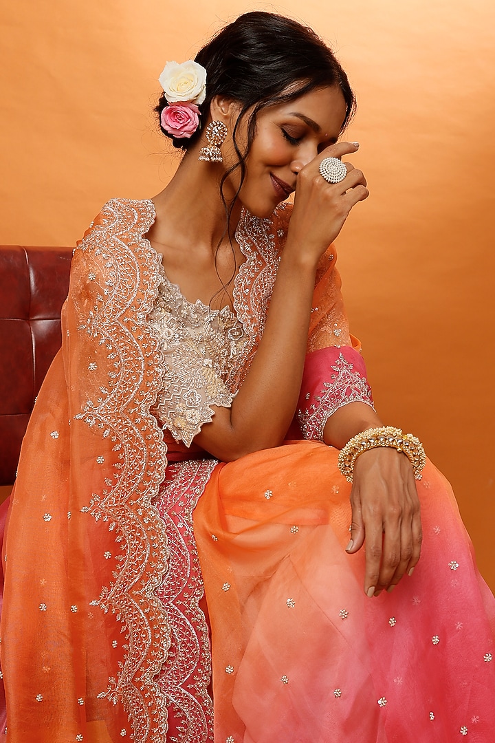 Orange Pink Embroidered Reception Saree Set by Anushree Reddy at Pernia's Pop Up Shop