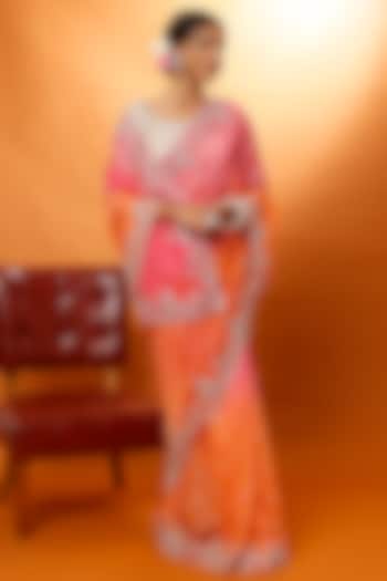 Orange Pink Zardosi Embroidered Saree Set by Anushree Reddy