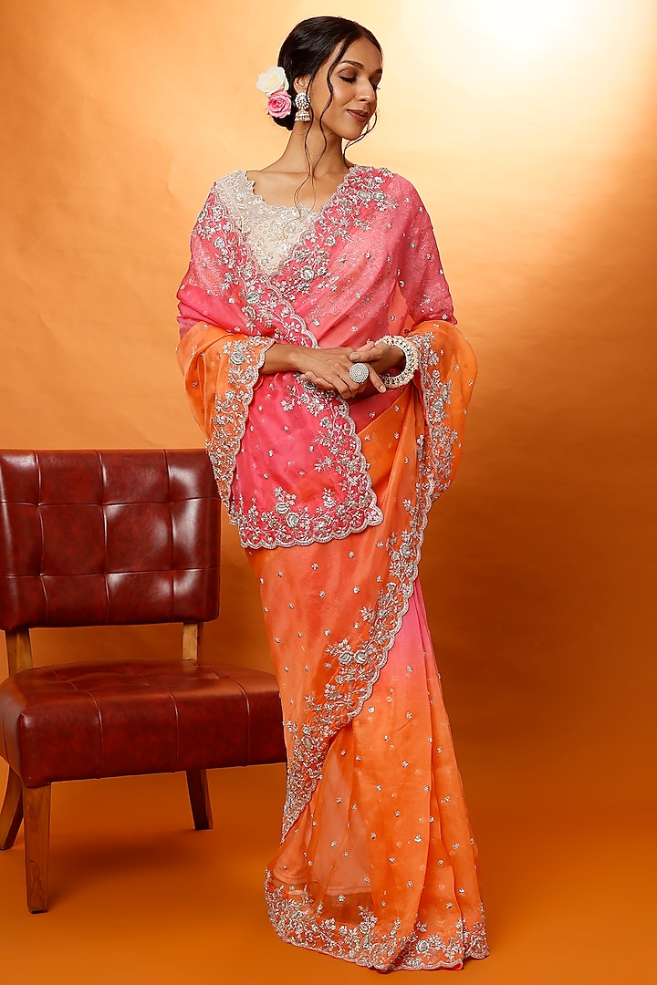 Orange Pink Zardosi Embroidered Saree Set by Anushree Reddy