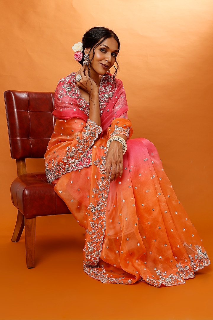 Orange Pink Zardosi Embroidered Reception Saree Set by Anushree Reddy at Pernia's Pop Up Shop