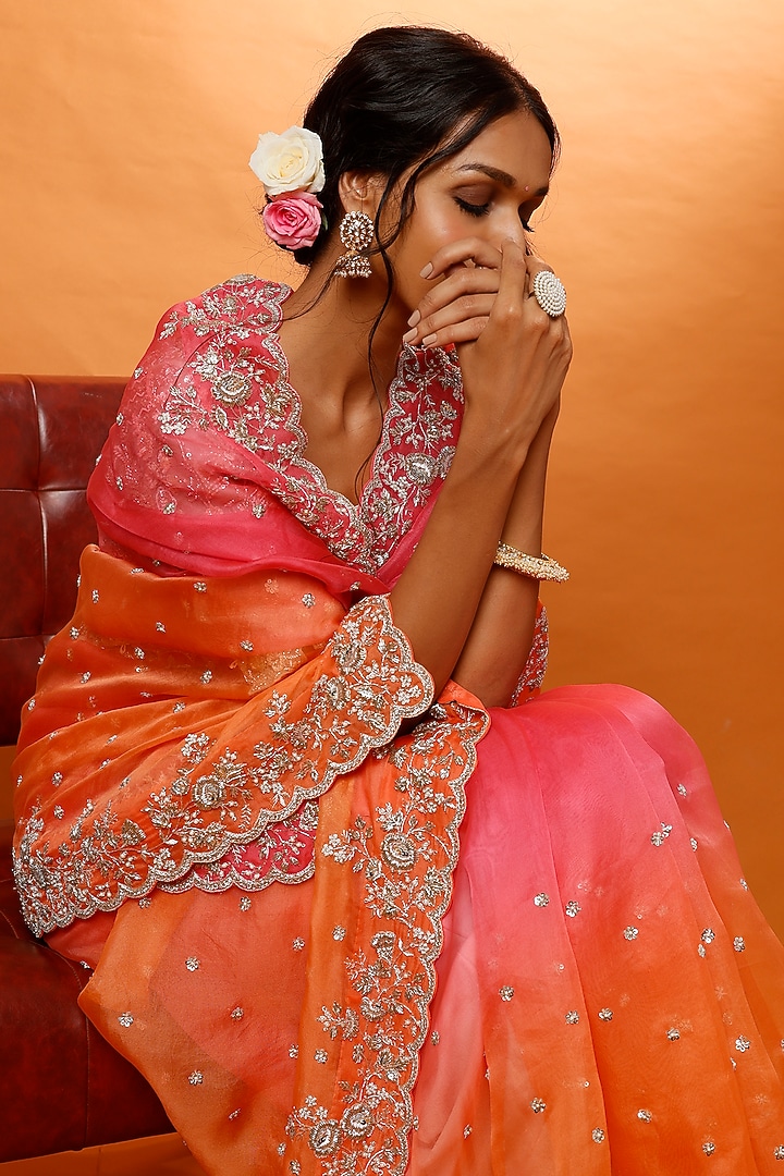 Orange Pink Zardosi Embroidered Reception Saree Set by Anushree Reddy at Pernia's Pop Up Shop
