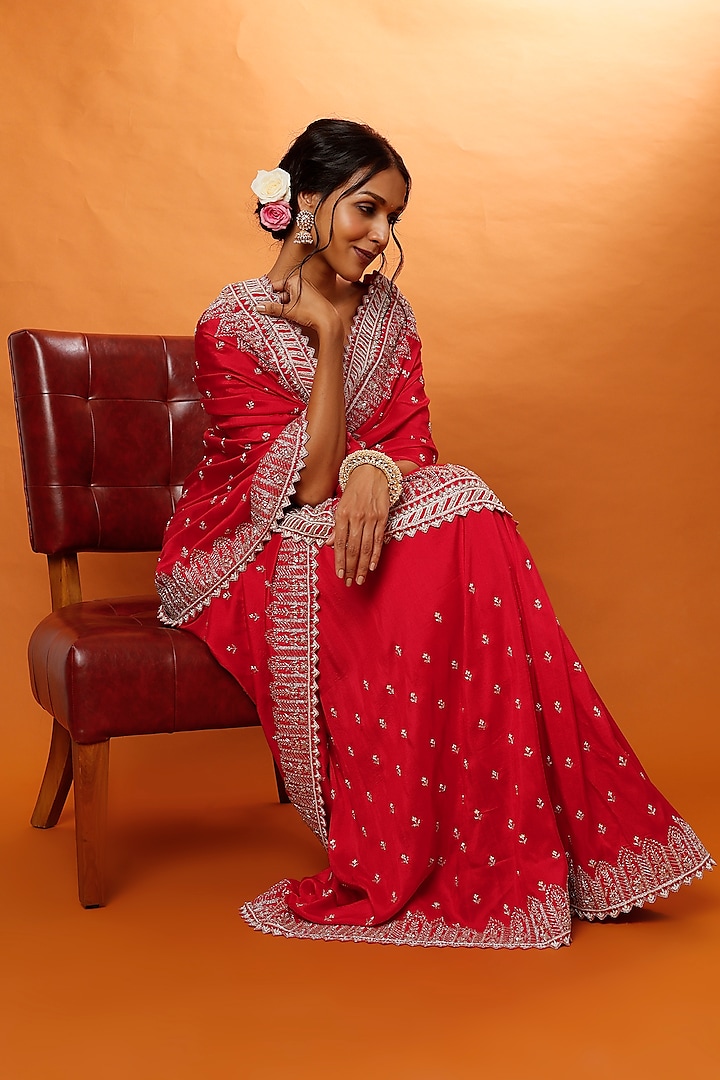 Red Embroidered Reception Saree Set by Anushree Reddy at Pernia's Pop Up Shop