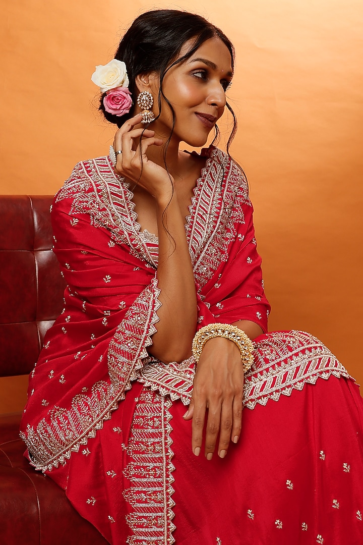 Red Embroidered Reception Saree Set by Anushree Reddy at Pernia's Pop Up Shop