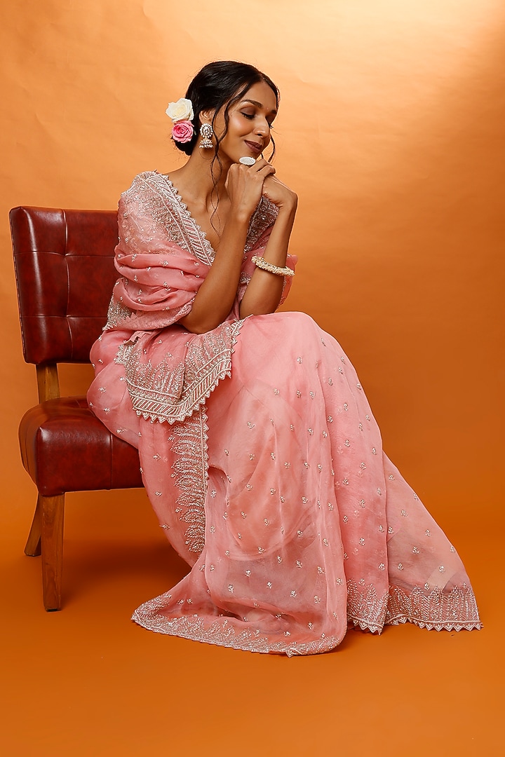 Rose Pink Organza Embroidered Reception Saree Set by Anushree Reddy at Pernia's Pop Up Shop