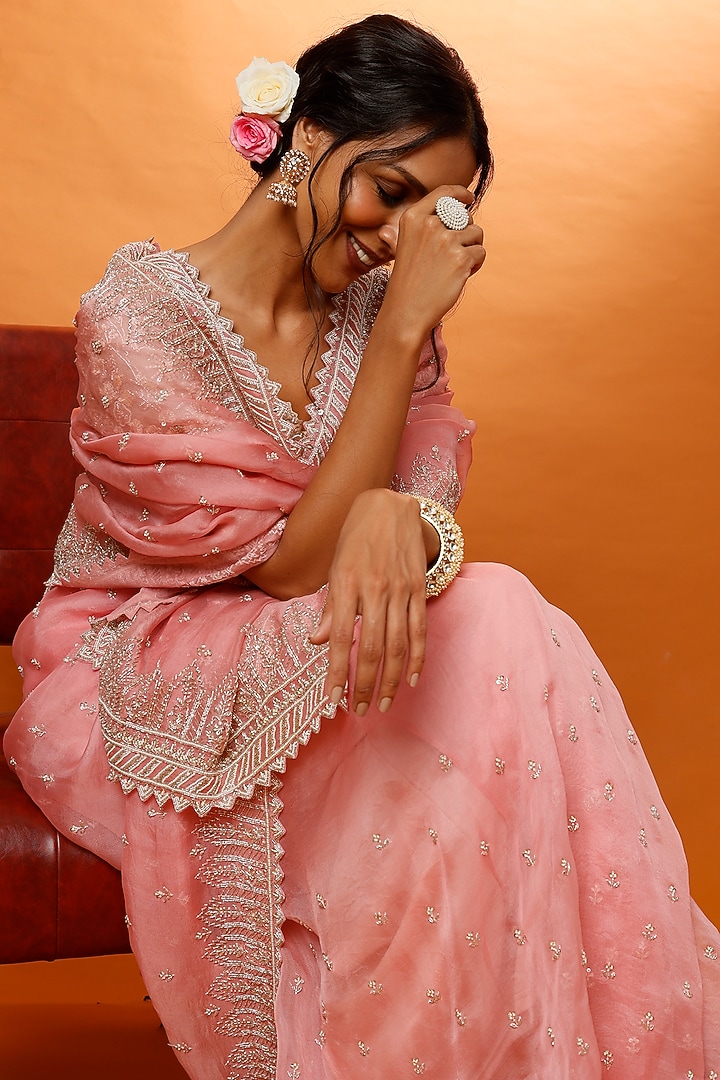 Rose Pink Organza Embroidered Reception Saree Set by Anushree Reddy at Pernia's Pop Up Shop