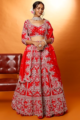 Red Embroidered Lehenga Set by Anushree Reddy