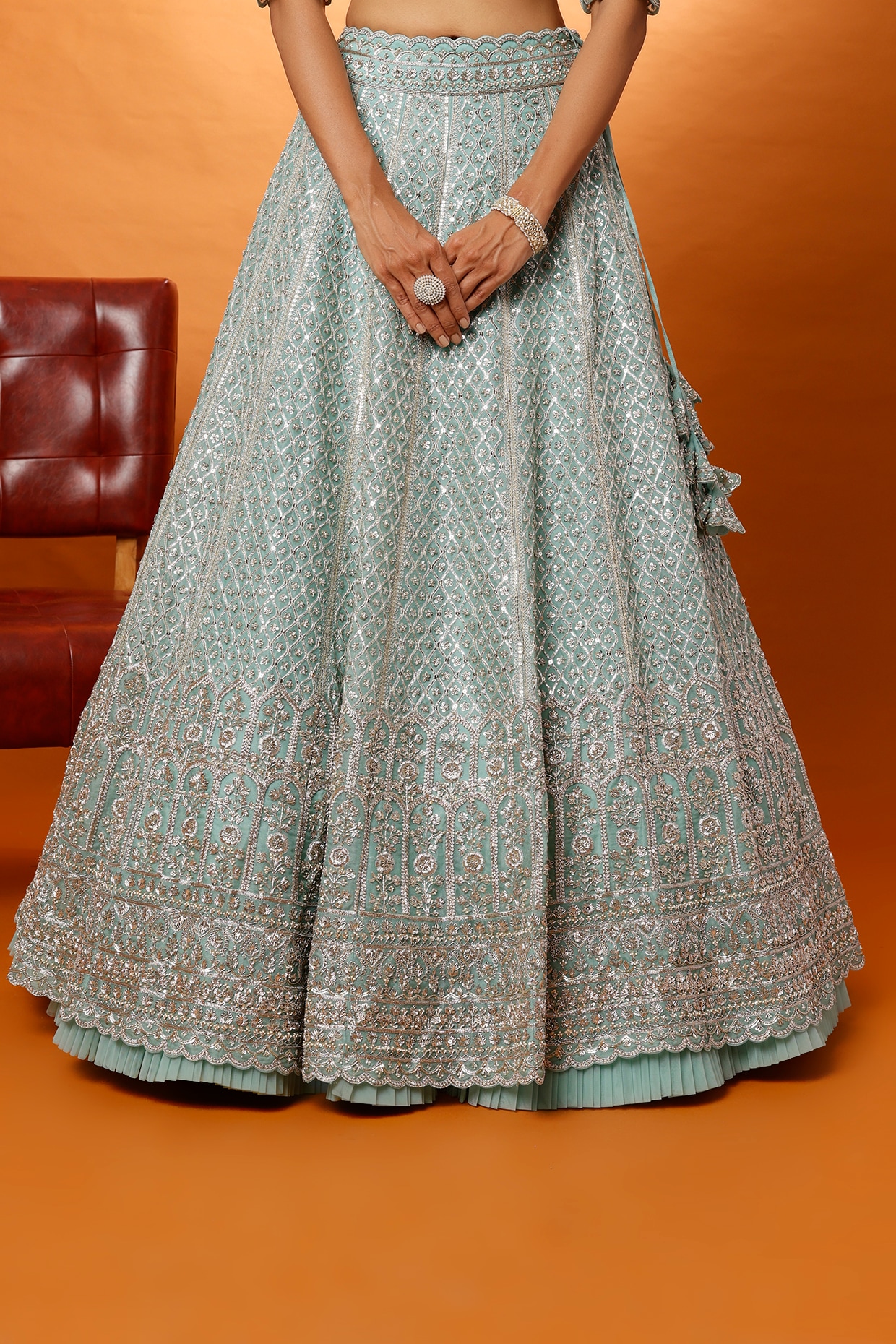 Buy Sky Blue Silver Stonework Net Semi Stitched Lehenga - Koskii