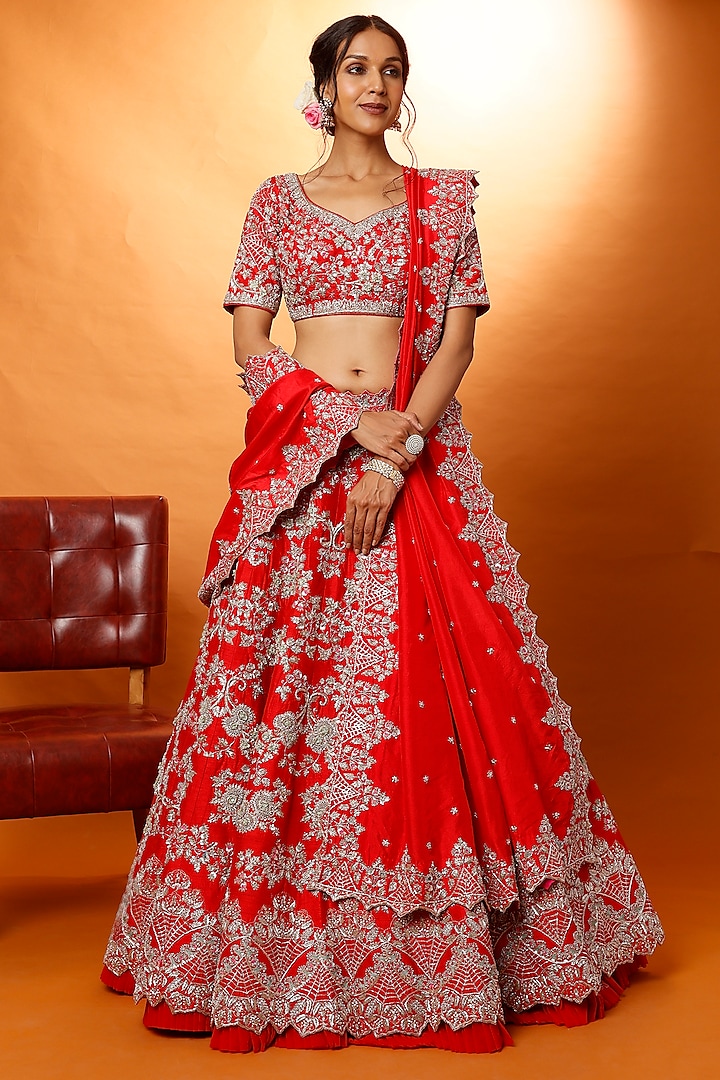 Red Pearl Embroidered Bridal Lehenga Set by Anushree Reddy at Pernia's Pop Up Shop