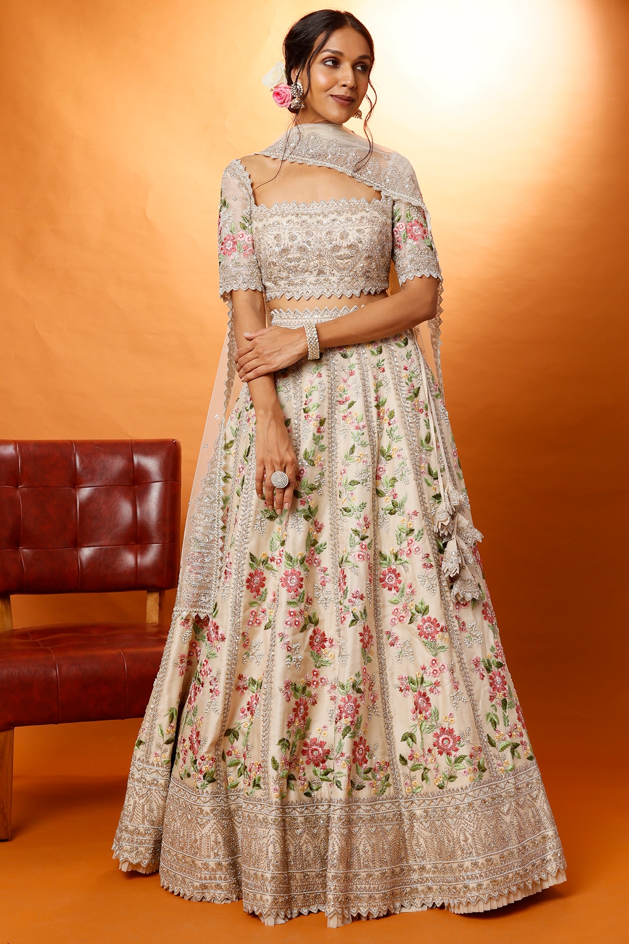Buy Red Lehenga And Blouse Raw Silk Floral Embroidered Bridal Set For Women  by Anushree Reddy Online at Aza Fashions.