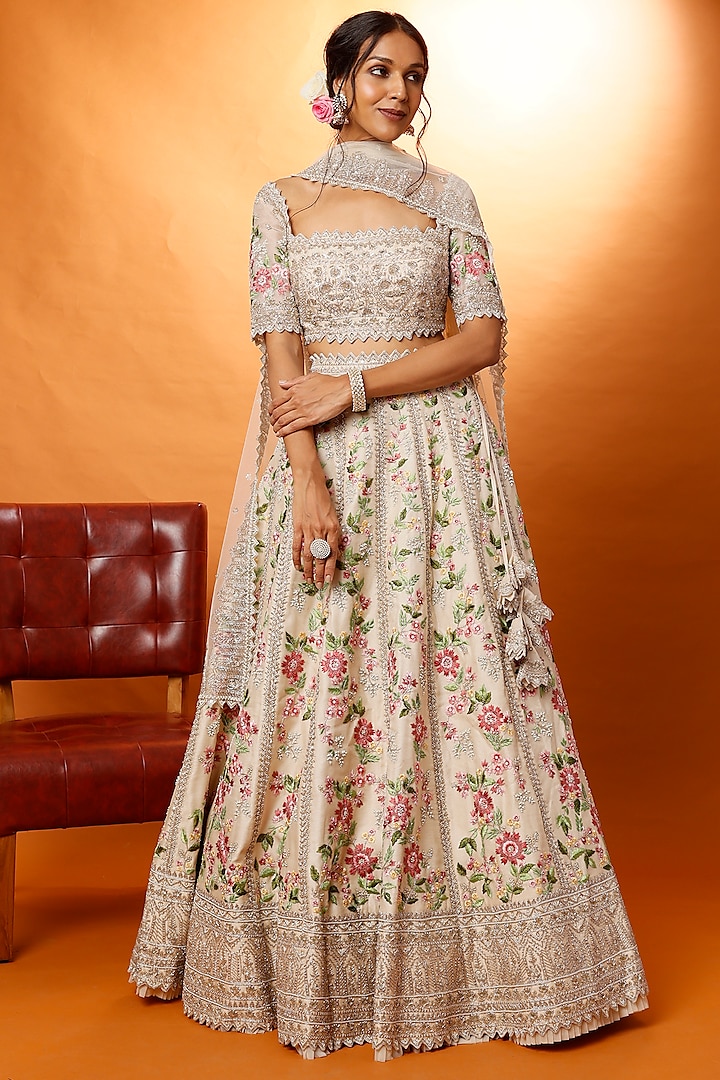 Ivory Floral Embroidered Lehenga Set by Anushree Reddy