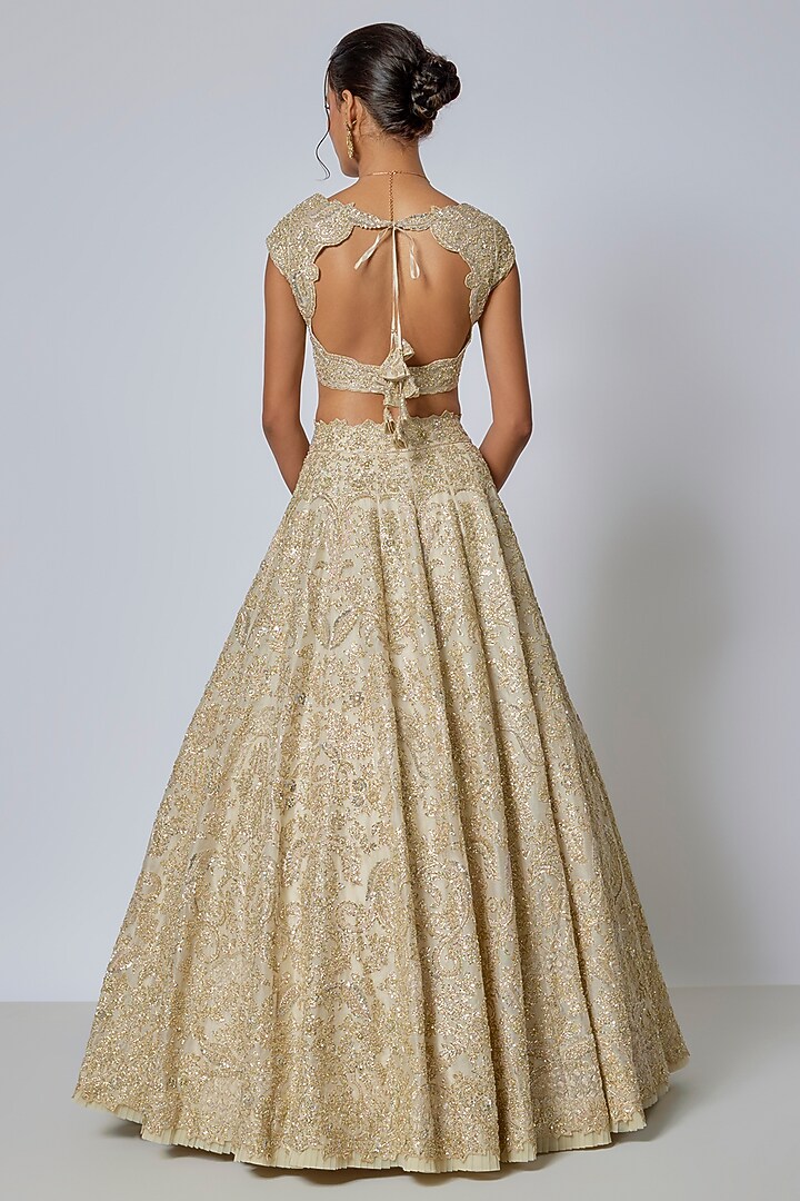 Ivory-Gold Organza Hand Embroidered Bridal Lehenga Set by Anushree Reddy at Pernia's Pop Up Shop