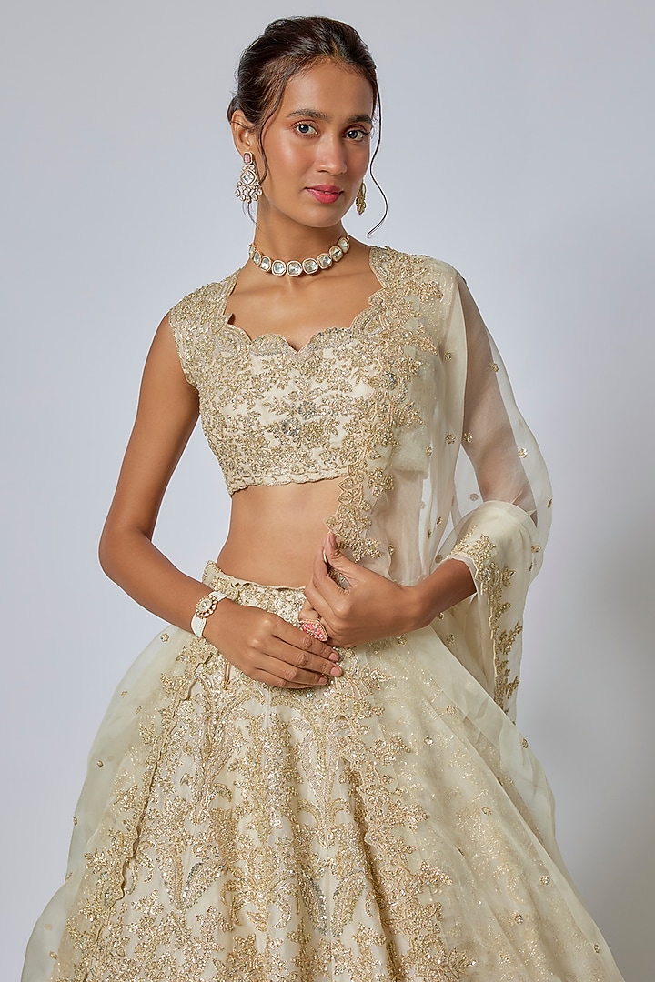 Ivory-Gold Organza Hand Embroidered Bridal Lehenga Set by Anushree Reddy at Pernia's Pop Up Shop