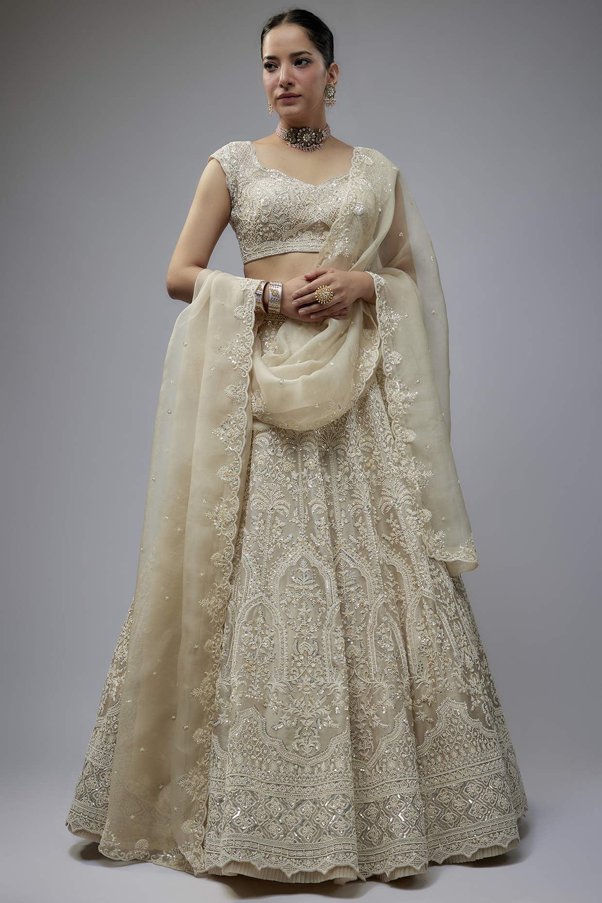 Ivory Organza Hand Embroidered Bridal Lehenga Set by Anushree Reddy at Pernia's Pop Up Shop